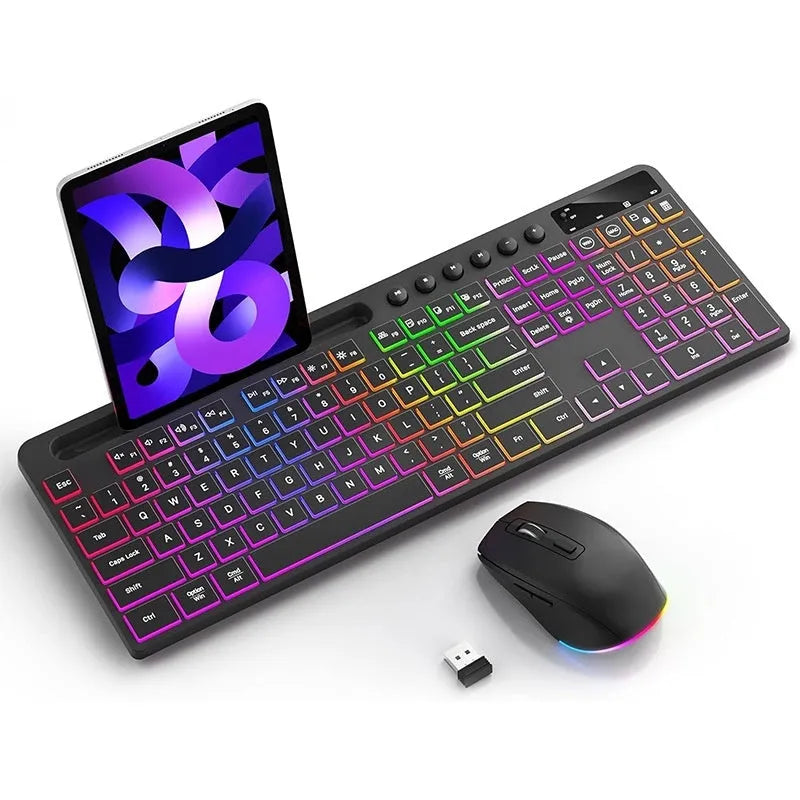 Wireless keyboard and mouse combo set with luminous keys, card slot, and USB receiver on a desk.