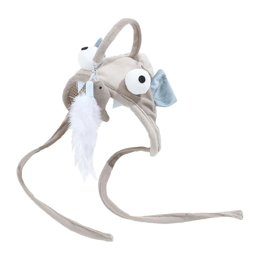 Grey big eye fish design cat toy with feather head teaser and adjustable neckband
