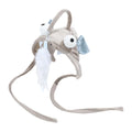 Grey big eye fish design cat toy with feather head teaser and adjustable neckband