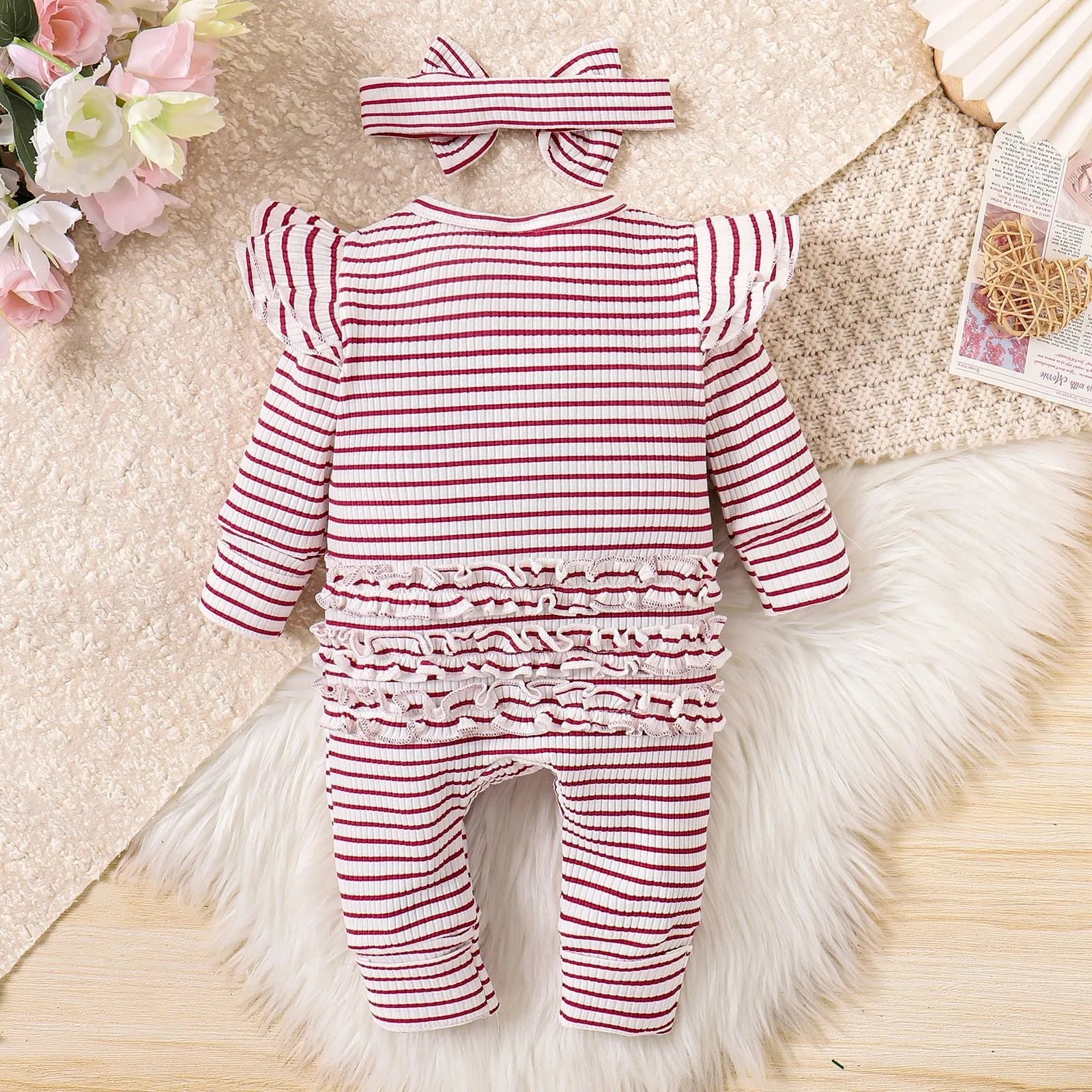 Girls cotton striped long-sleeved romper suit in purple with shorts trousers and front closure for newborn to 9 months