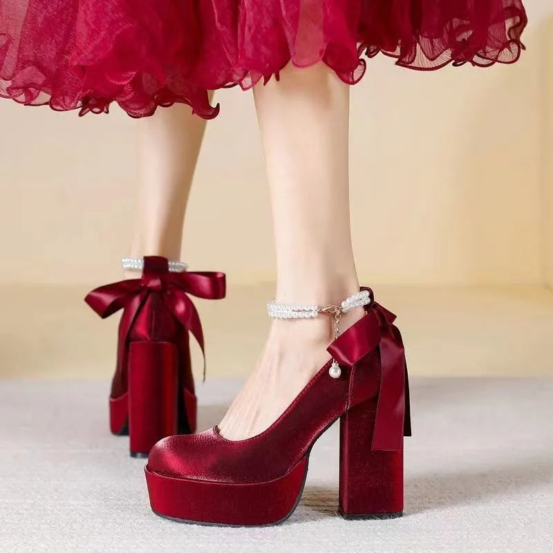Women's beige waterproof platform wedding shoes with a thick chunky heel and buckle fastening