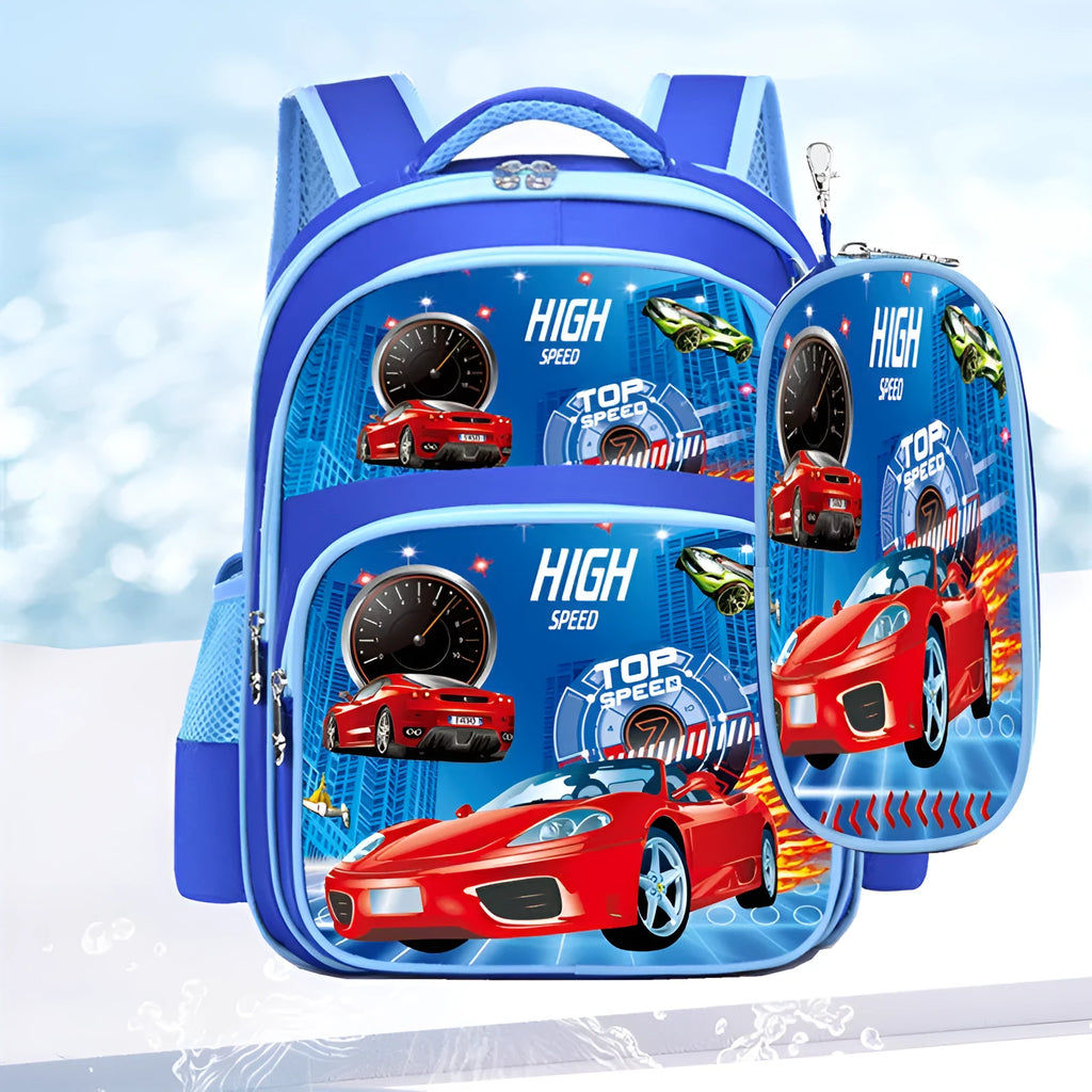 Blue children's cartoon backpack with pencil case, showing front print and adjustable straps.