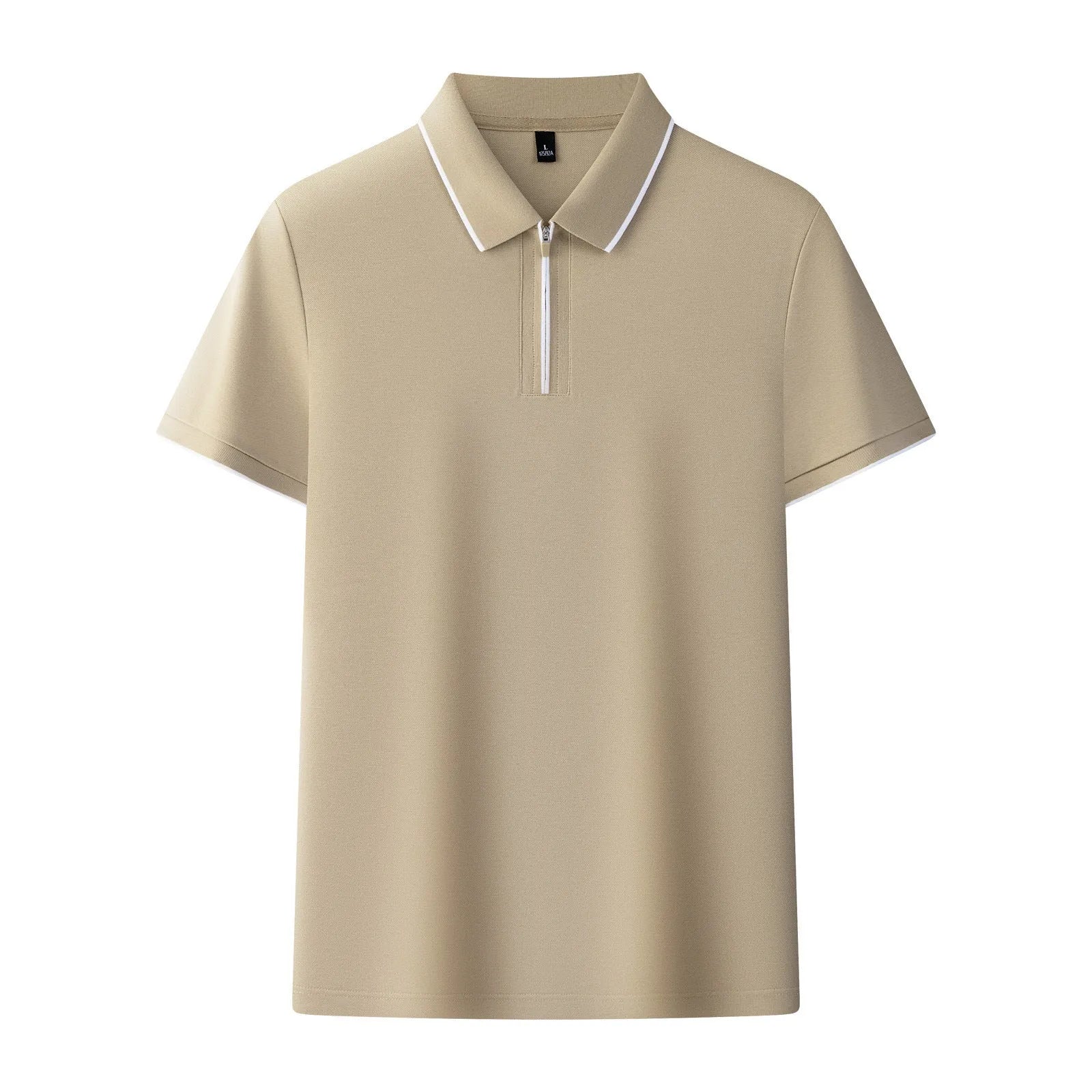 Men's solid colour short sleeve polo shirt in long-staple cotton showing regular fit and zipper detail