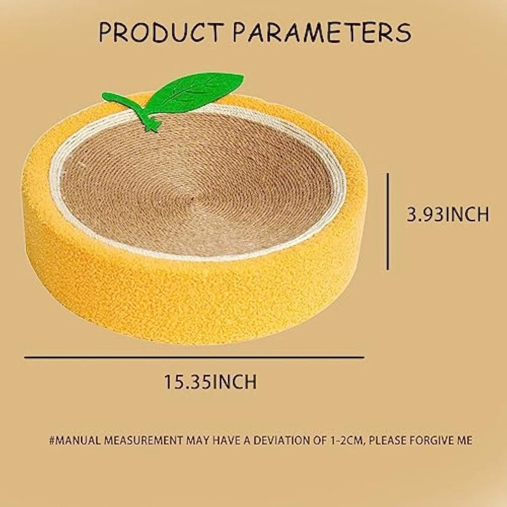 Yellow fruit-shaped sisal cat scratching board with a round bed for small breed cats.