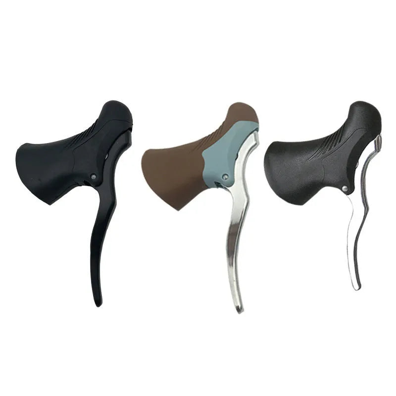 Pair of aluminium alloy road bicycle brake handles in black or black/silver for 22.2mm and 23.8mm handlebars.