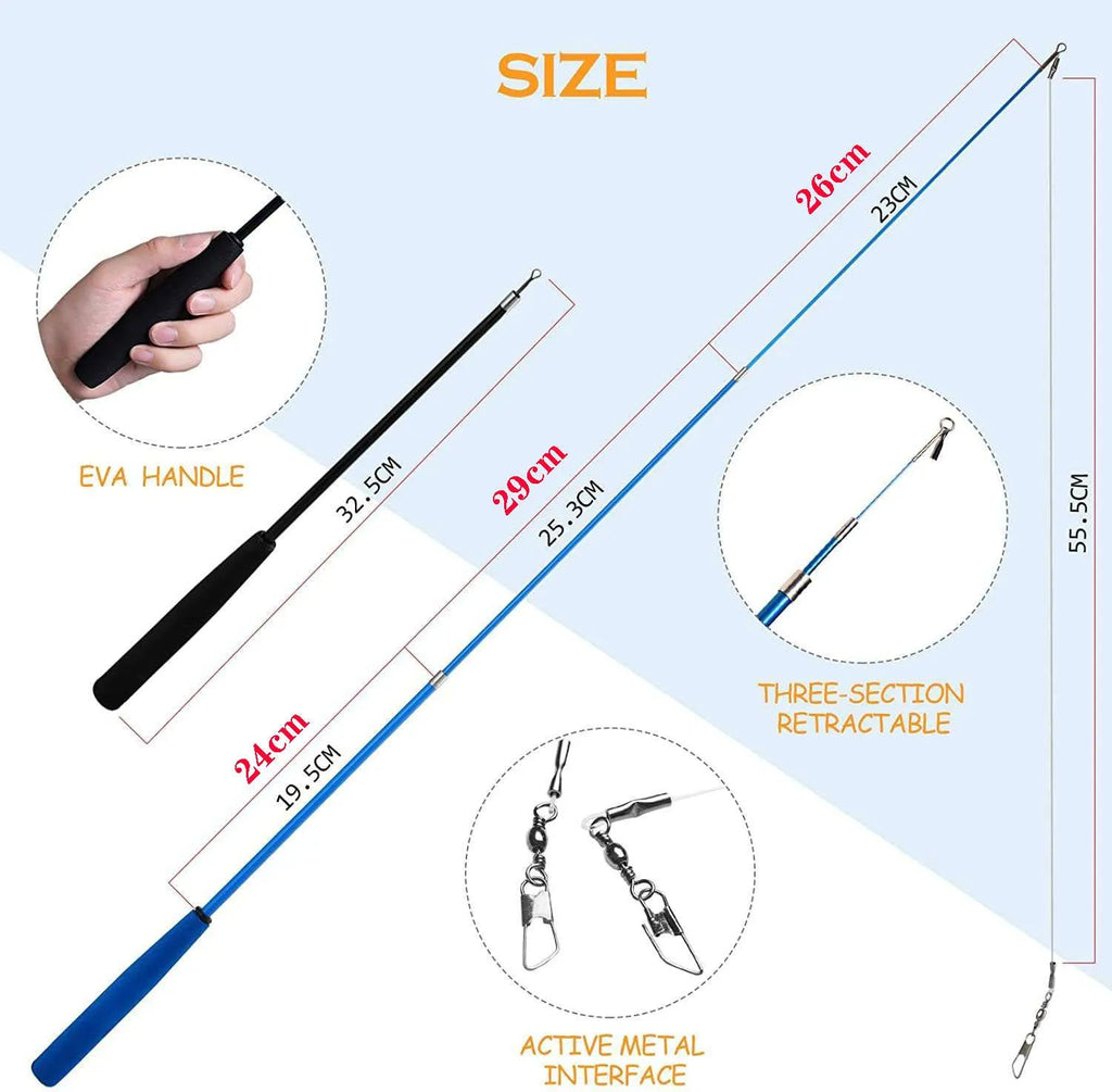 Cat feather teaser fishing rod set with two poles and ten colourful replacement heads