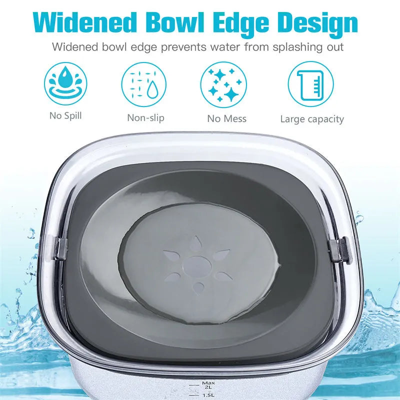 Transparent 2-litre dog water bowl with floating slow-feed disk and non-slip frosted base