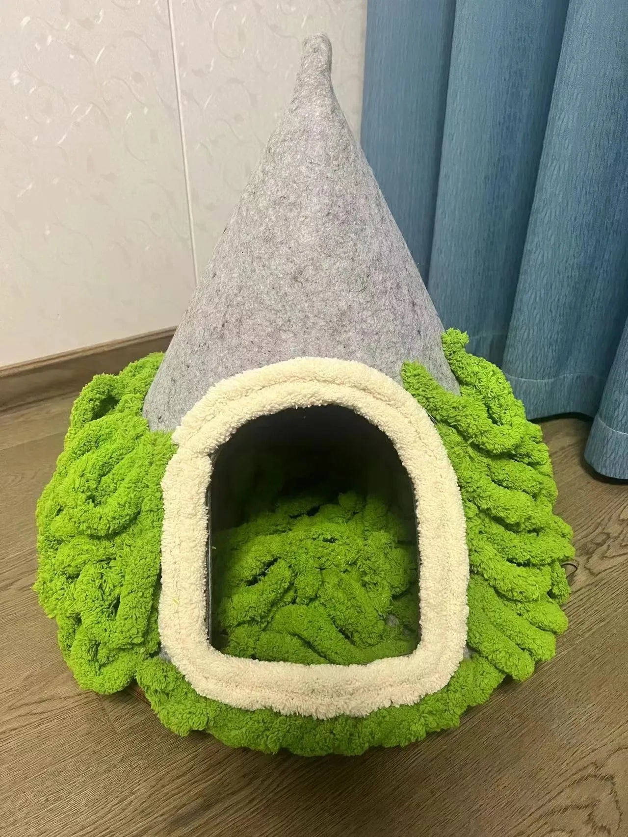 Grey handmade felt cone cat house with enclosed tent design measuring 50cm