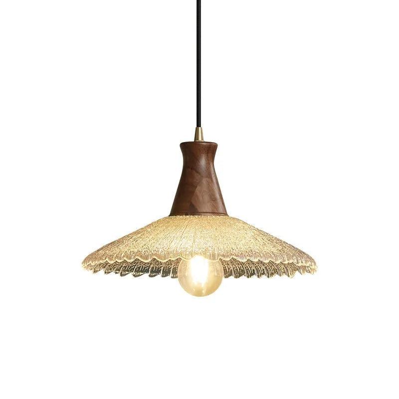 Retro-style wooden body and glass shade brass chandelier ceiling lamp