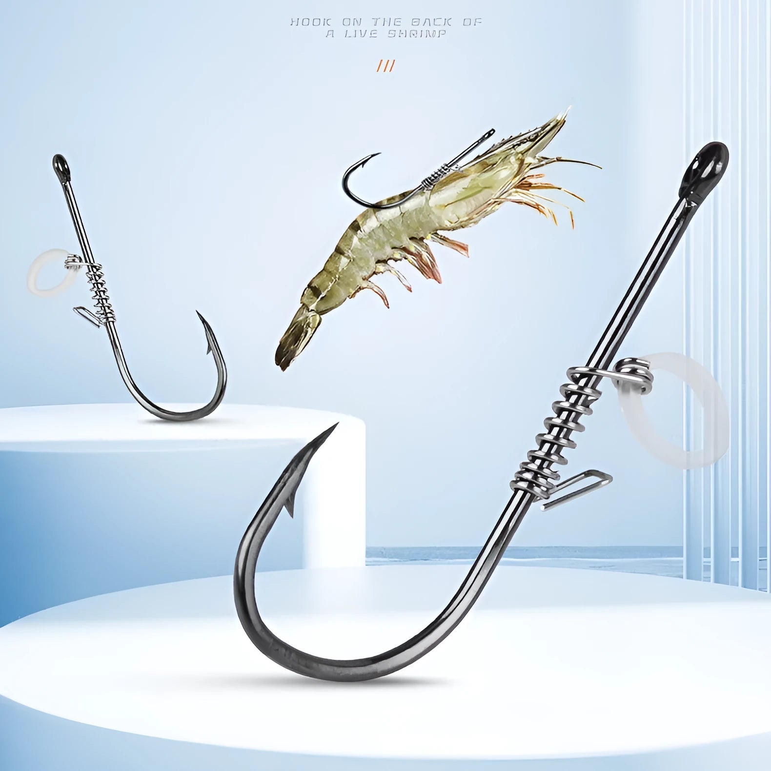 Spring rubber band sea fishing lure with barbed hook holding live shrimp for outdoor fishing