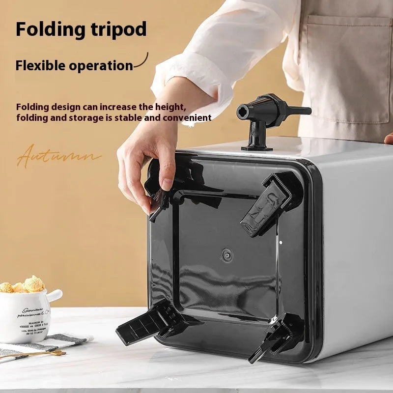 Silver stainless steel milk tea bucket with square design and lockable lid, 8 litre capacity