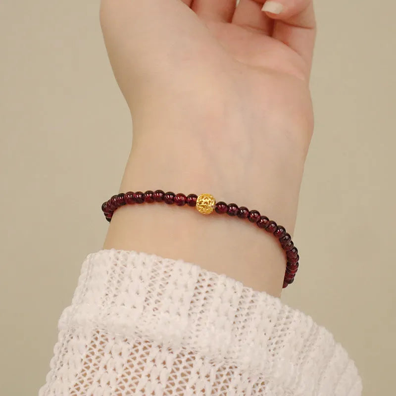 Women's Chinese-style gourd bracelet with imitation garnet beads and electroplated finish