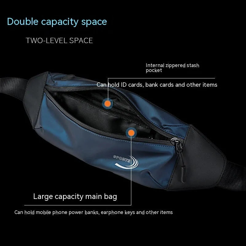 Men's blue waterproof sports waist bag made from Derm Oxford polyester with 45cm length