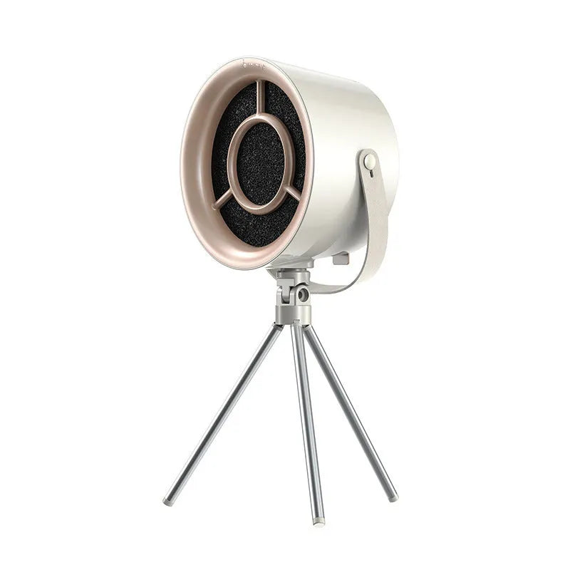 Milky white portable desktop exhaust fan with tripod stand and removable filter for kitchen smoke extraction