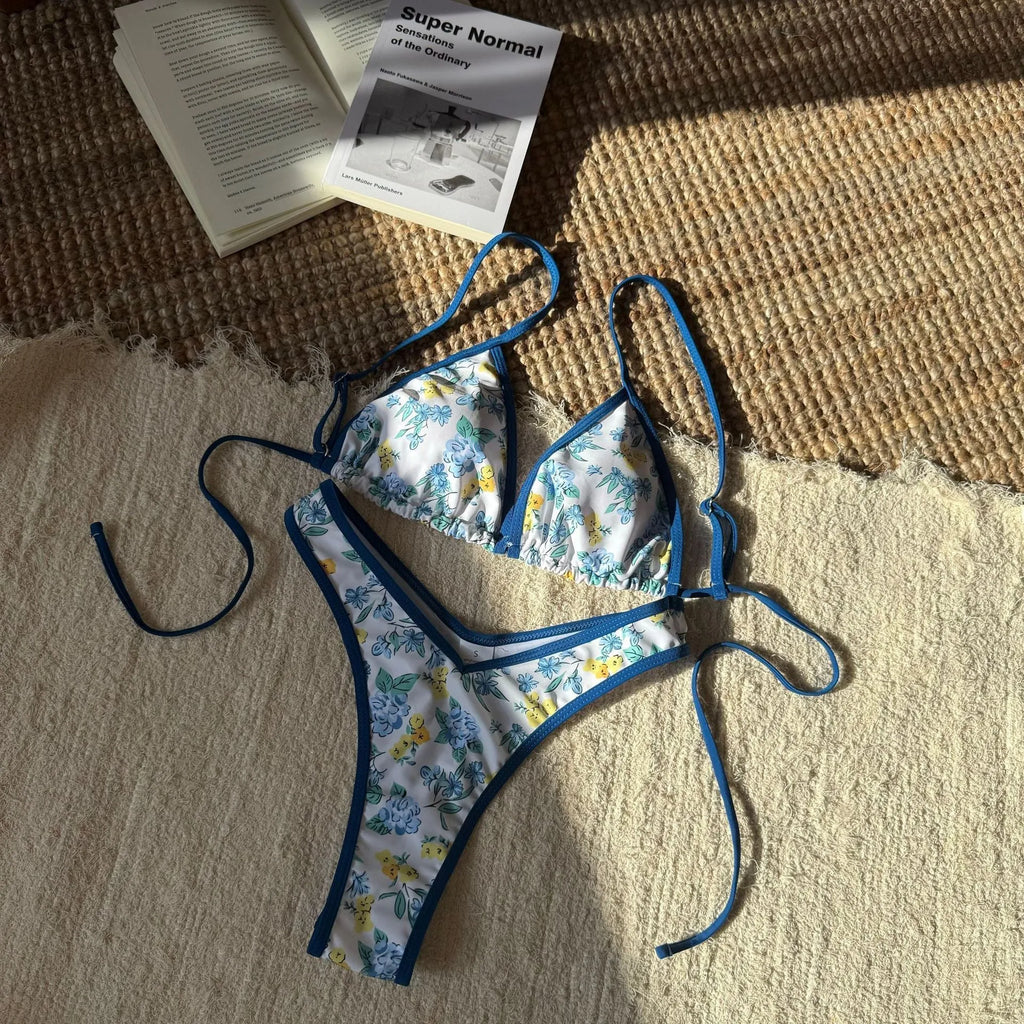 Women's split design printed bikini set in leopard and floral patterns, polyester fabric, sizes S to L