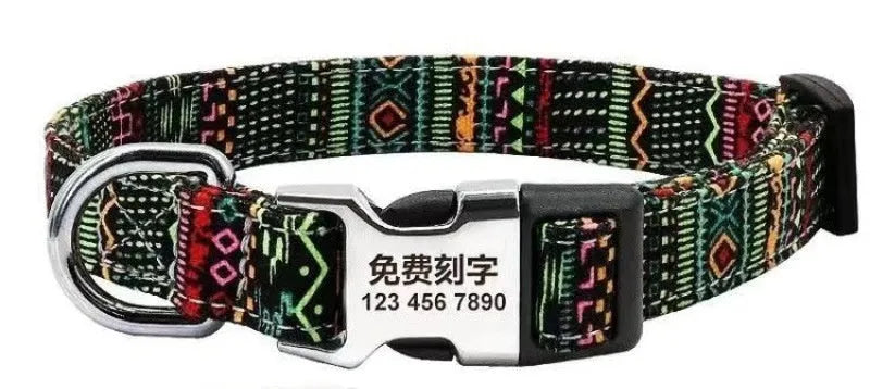 Colourful canvas dog collar with semi-metal buckle in striped floral pattern