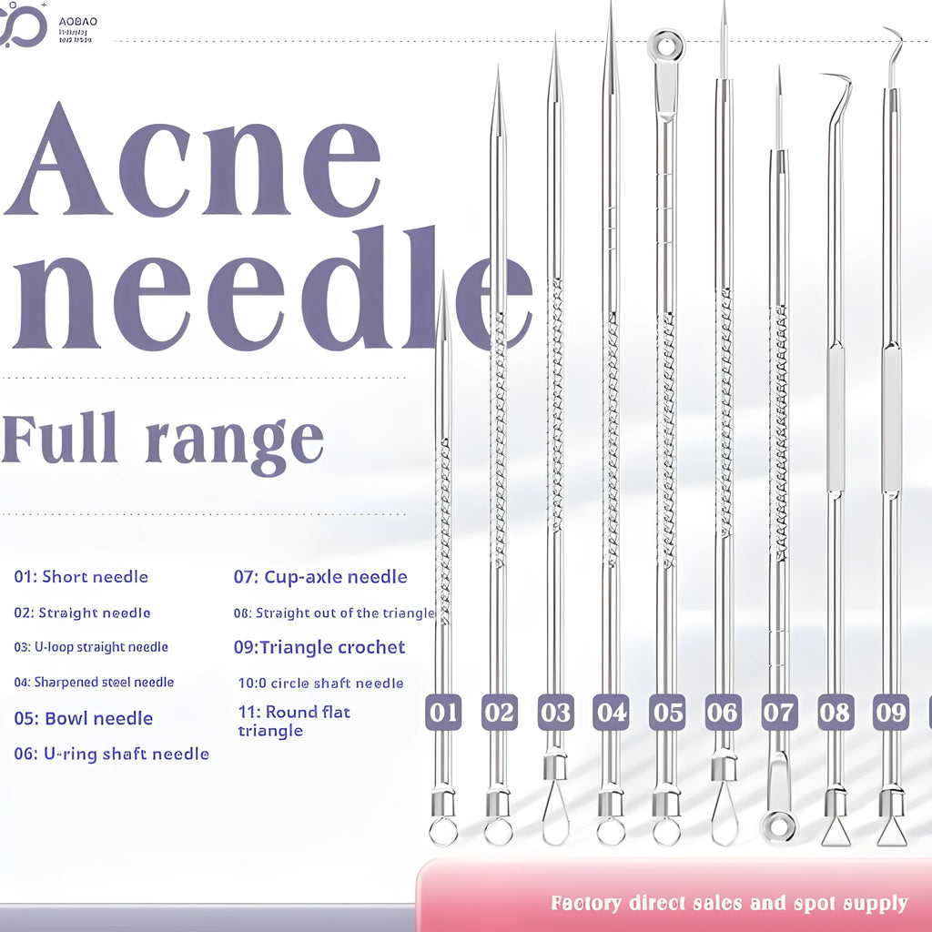 4-piece metal acne needle set with ultra fine pointed tips for pimple and blackhead removal