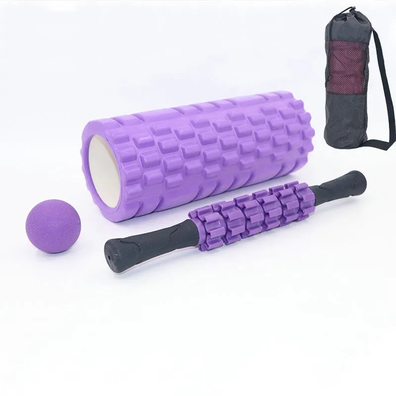 Black six-piece segmented foam massage roller measuring 33cm in length