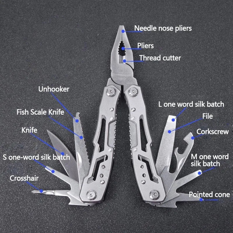 All steel 14-in-1 multi-function folding pliers with locking blade and screwdrivers, black finish