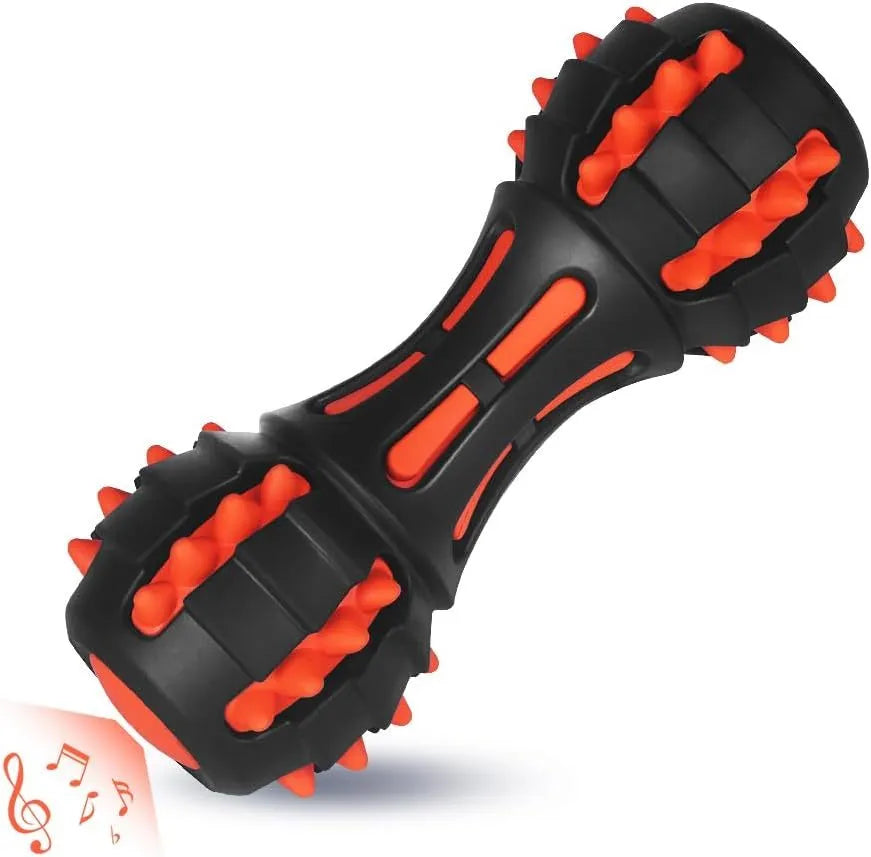 Red dumbbell shaped dog chew toy made from natural rubber for aggressive chewers