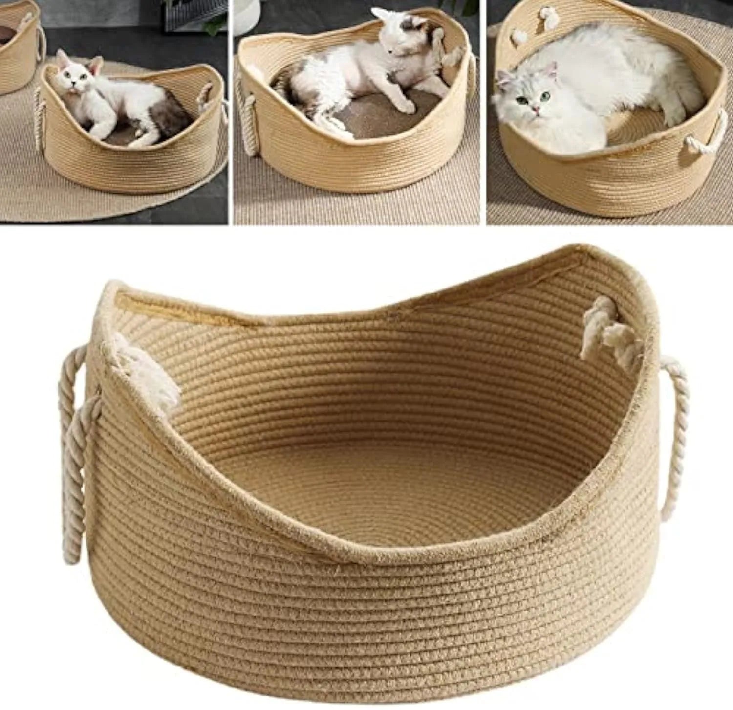 Natural wicker cat bed basket with corrugated scratching board surface in two size options