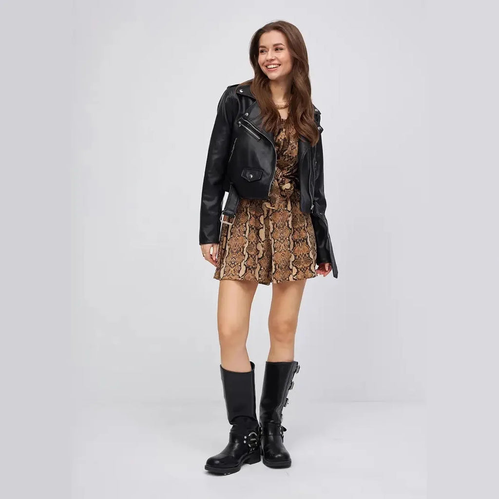 Black women's PU leather retro locomotive jacket with regular sleeves on size chart