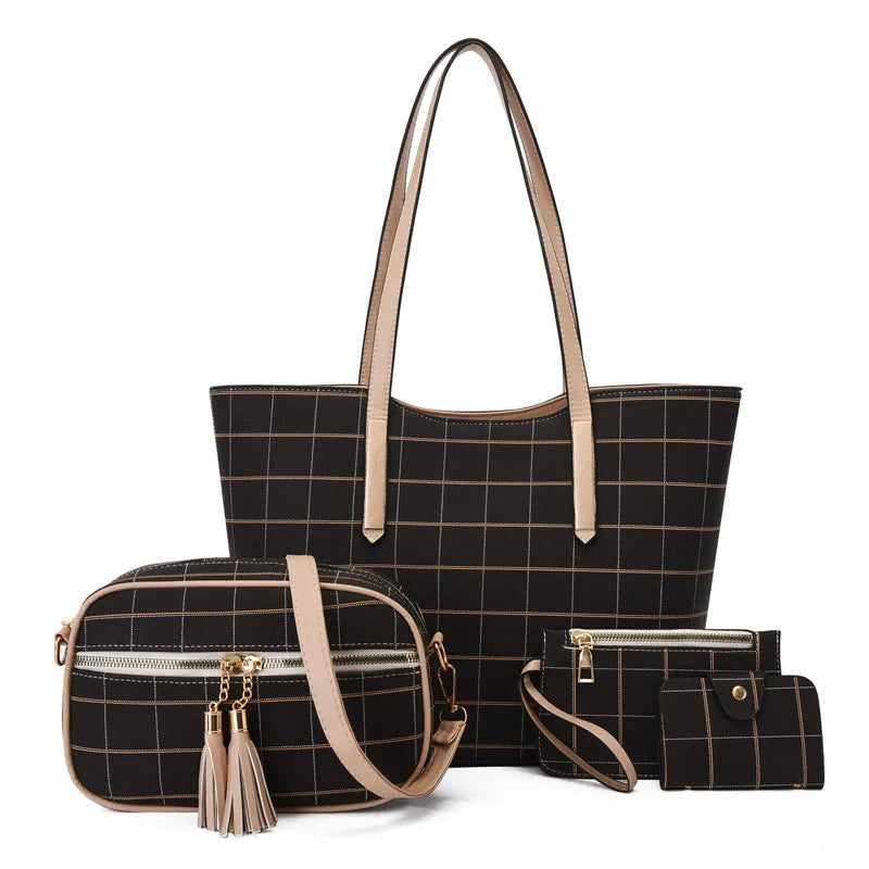 Korean fashion four-piece bag set in black with cartoon anime pattern and sewing thread detail on cross square PU tote bag