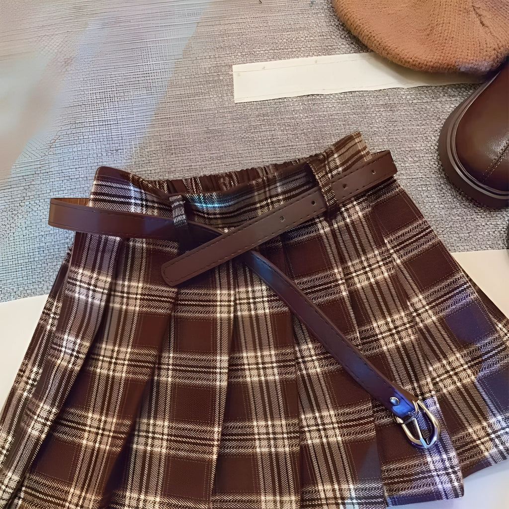 Girls plaid pleated A-line skirt in cotton blend fabric on a hanger
