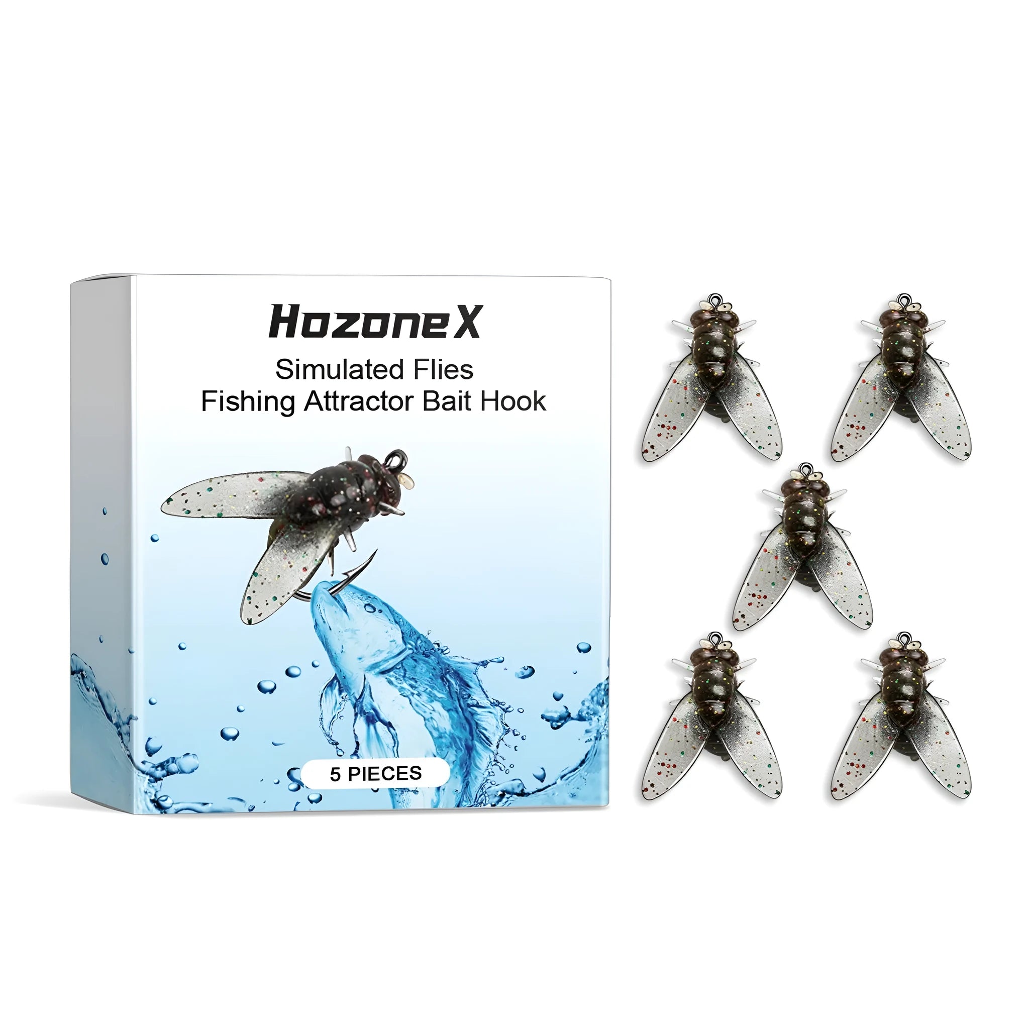 Five small, soft silicone fishing lures with biomimetic insect design on a blue background.