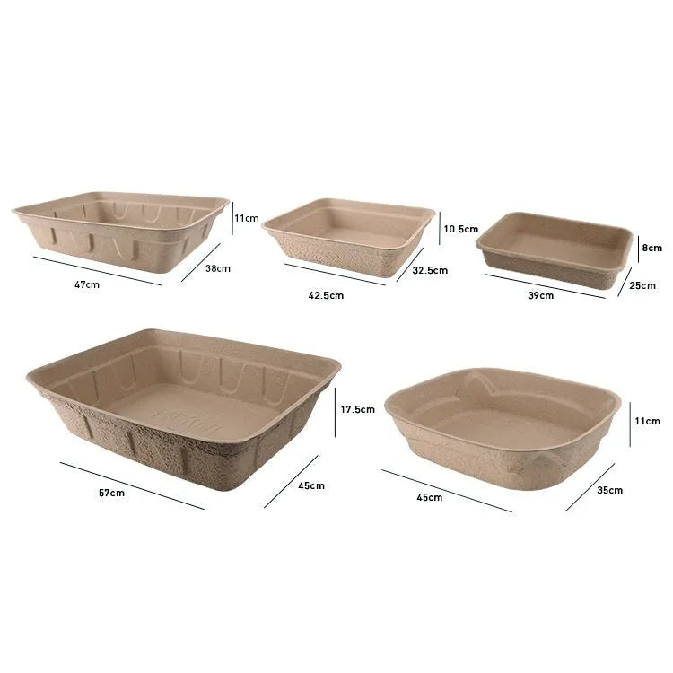 Brown disposable degradable cat litter box shown in three different size options.