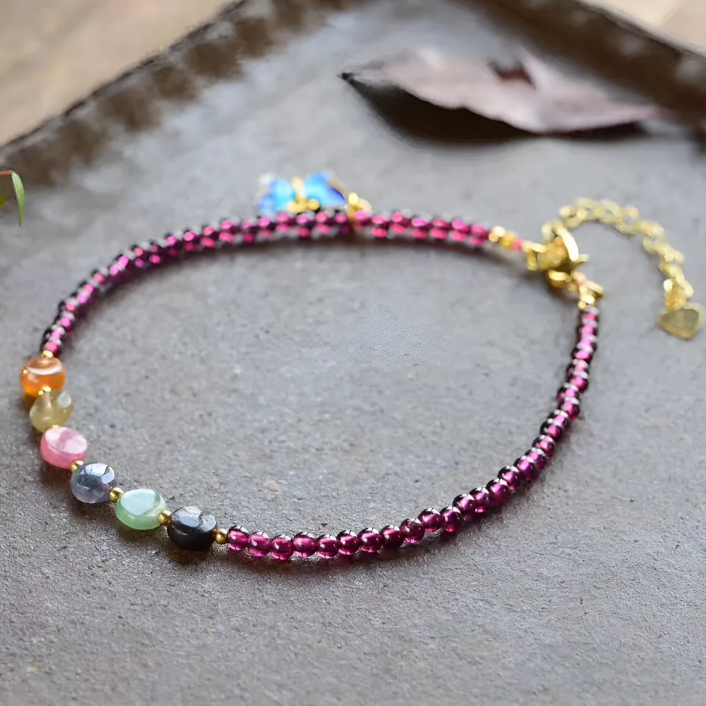 Purple garnet stone women's anklet with ethnic geometric design on ankle