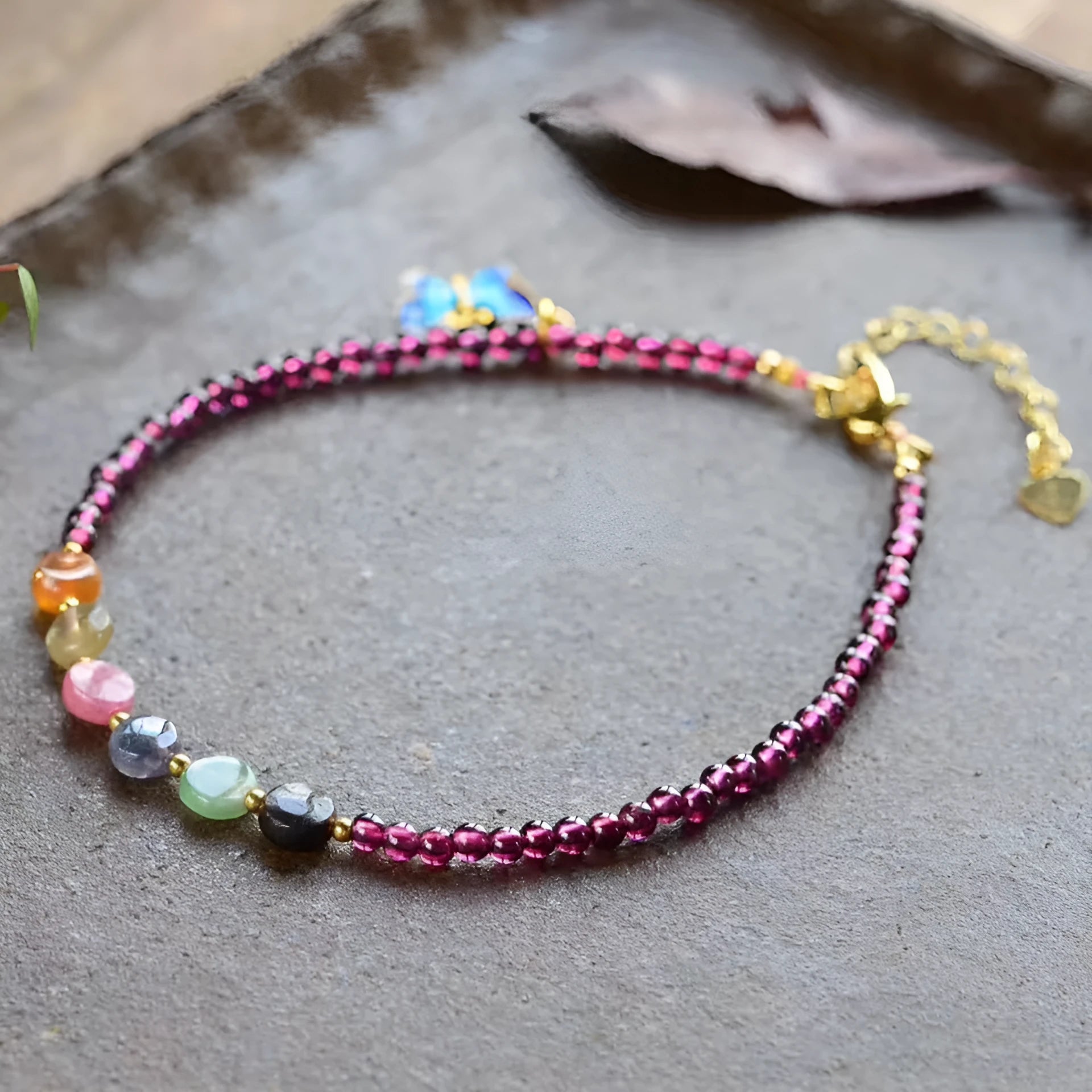 Purple garnet stone women's anklet with ethnic geometric design on ankle
