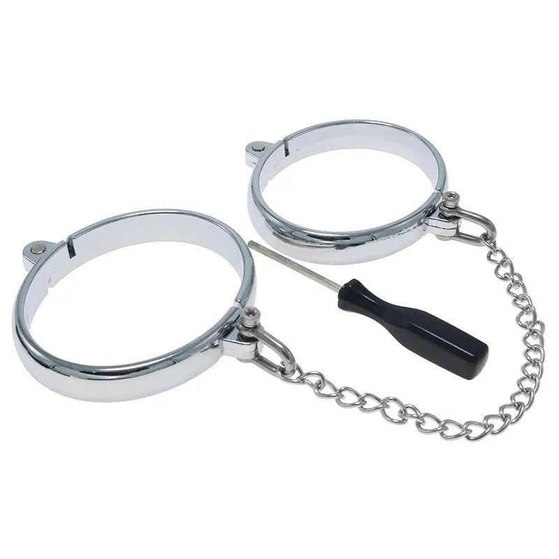 Polished silver handcuffs and footcuffs set with stainless steel components for adult role play accessories