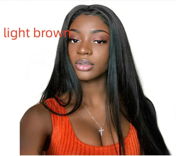 Long straight black hair wig with centre-parted bangs on display stand