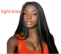 Long straight black hair wig with centre-parted bangs on display stand