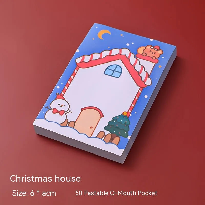 Christmas cartoon sticky notes set showing elf, gift, sled, crystal ball, Santa, house, bear, and snowman designs