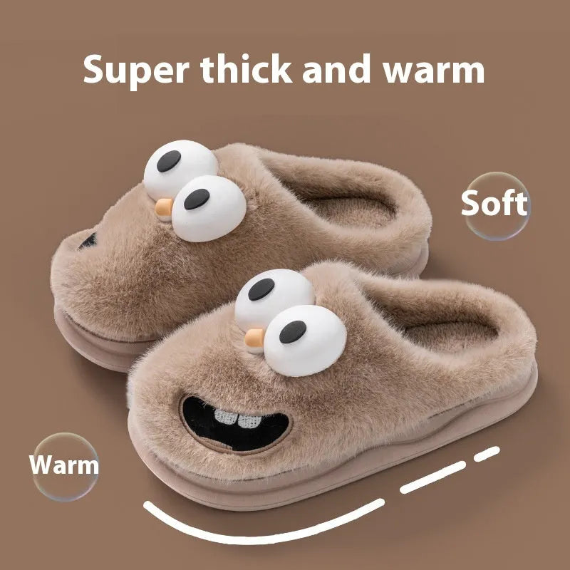 Female warm indoor cartoon big eye dog cotton slippers with suede upper, grey colour, size 38/39