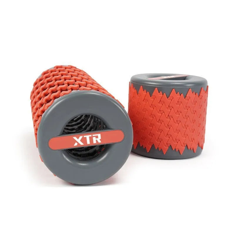 Adjustable telescopic foam roller in black colour positioned for fitness exercises