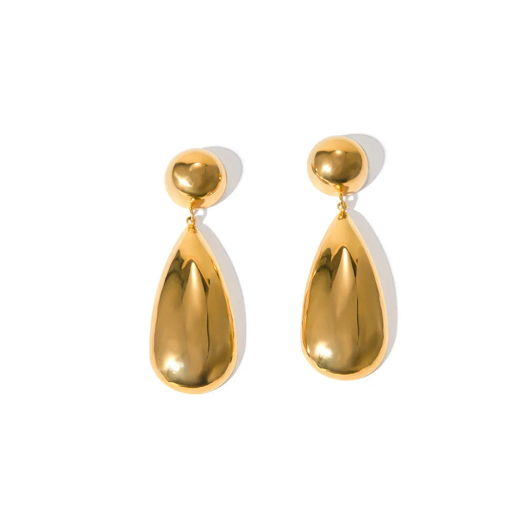 A pair of gold-coloured hemisphere-shaped earrings with a water drop pendant design, made from stainless steel.