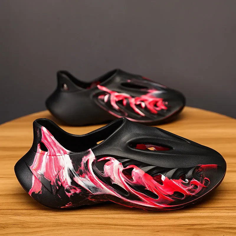 Camouflage coconut hole shoes for men, EVA upper and sole, round toe, front lace-up, height-increasing design, available in black camouflage