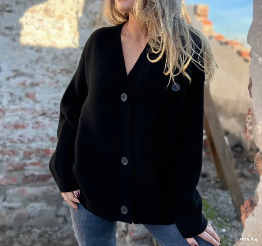Winter knitted long sleeve cardigan in dark gray with crochet detail, loose fit, made of polyester