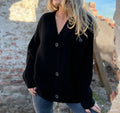 Winter knitted long sleeve cardigan in dark gray with crochet detail, loose fit, made of polyester