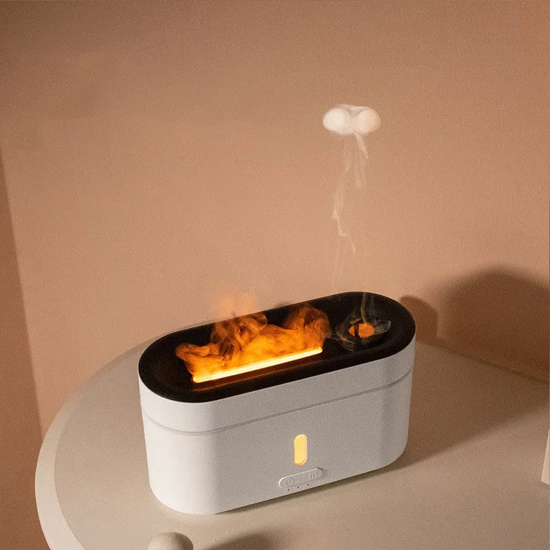 White resin flame lamp humidifier with two fog outlets and 300ml capacity, USB powered