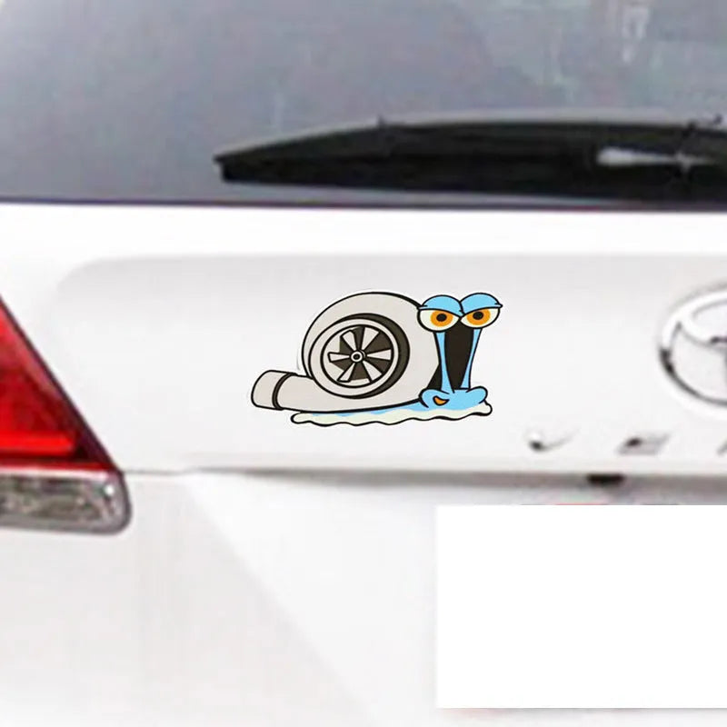 Colourful reflective cartoon snail car bumper sticker measuring 12 by 8 centimetres.
