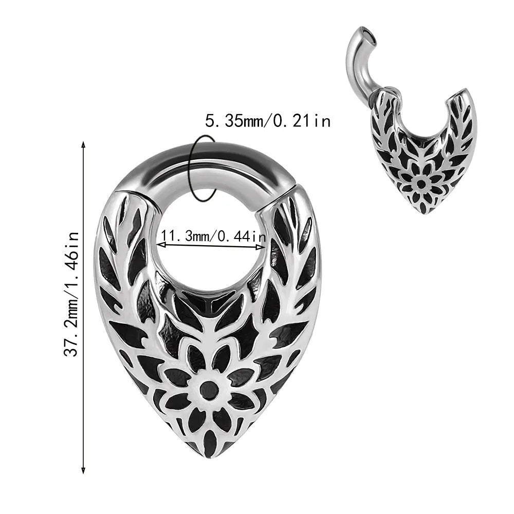 Stainless steel drop-shaped auricle ear extender with round hanging egg design and totem details.