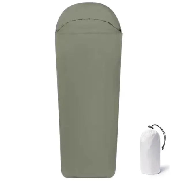Blue and green mummy-style nylon camping sleeping bag for adults, showing packed size.