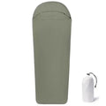 Blue and green mummy-style nylon camping sleeping bag for adults, showing packed size.
