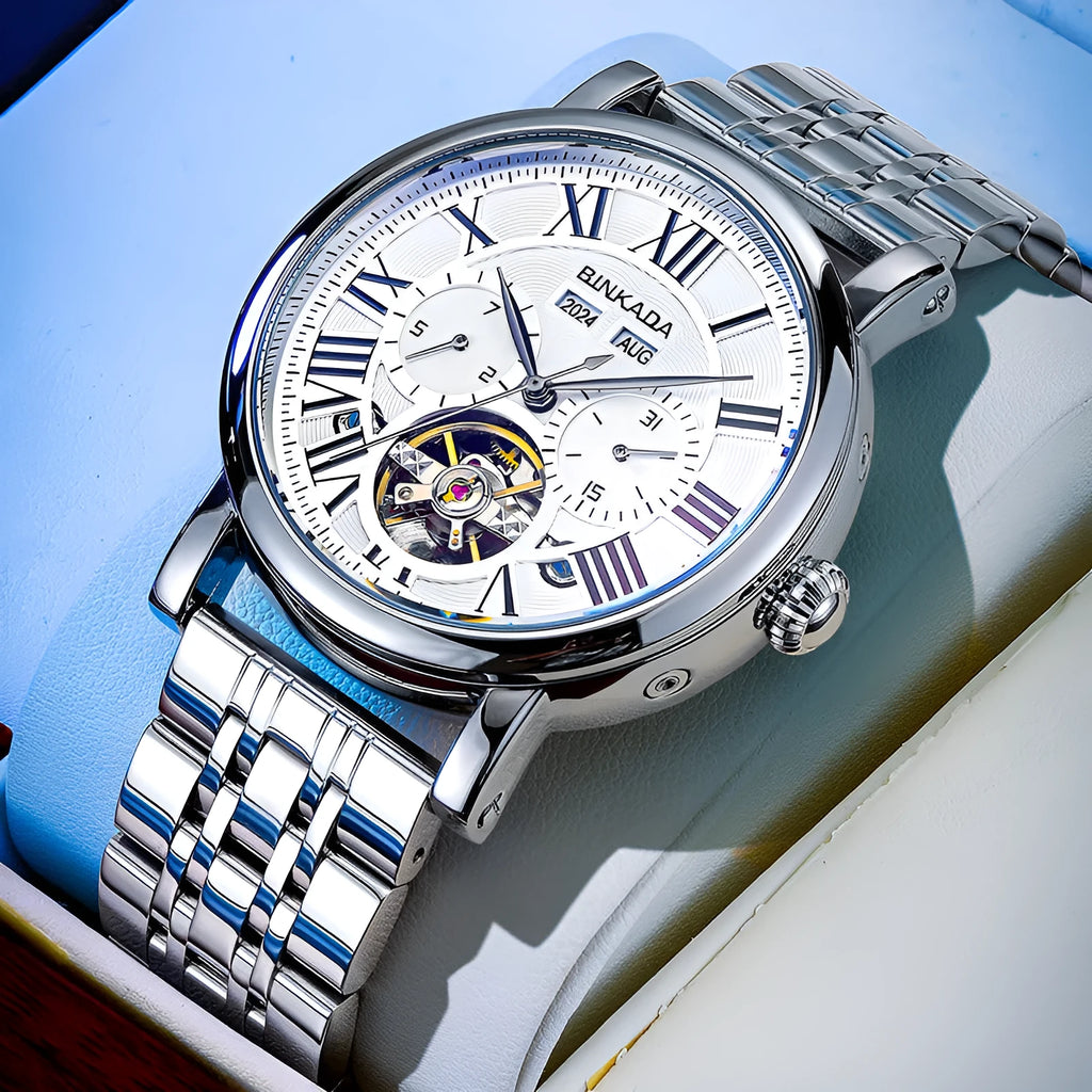 Men's automatic waterproof watch with steel strap in business style design