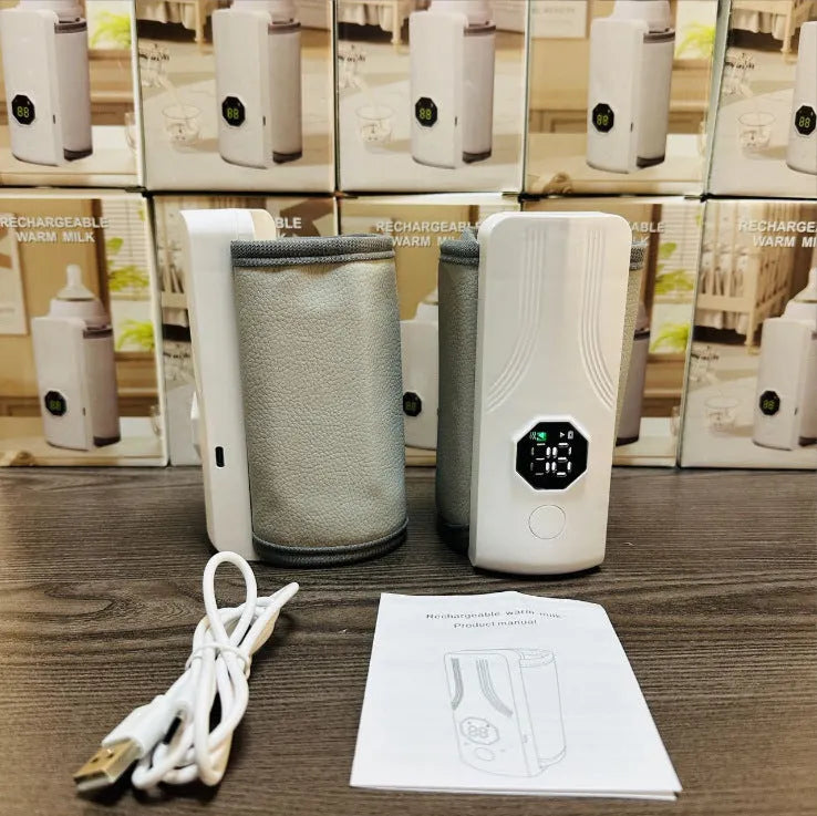 Grey and white car charger electric milk warmer for baby bottles on a car seat.