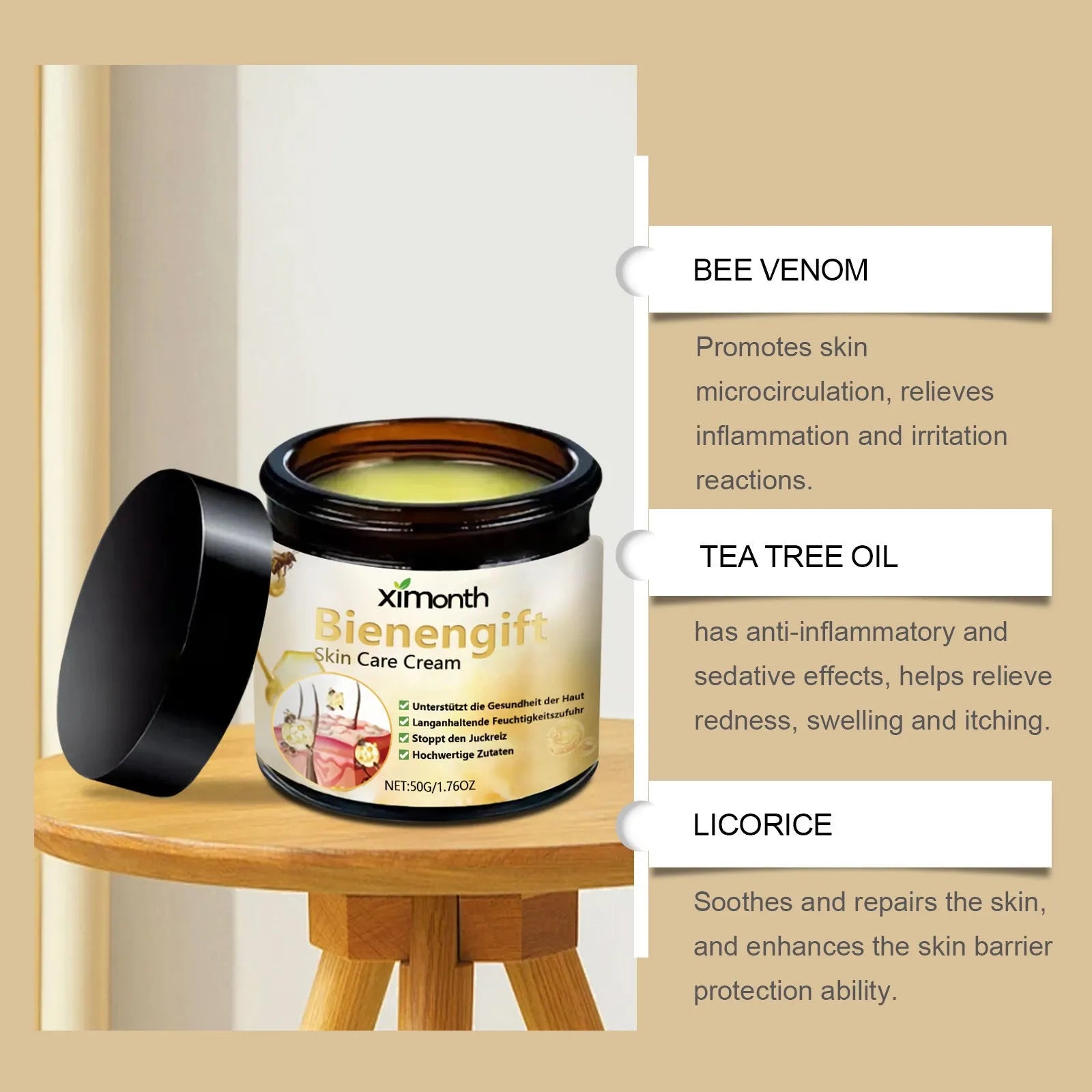 50g jar of Bee Venom Herbal Blend Neck Cream with mint leaf and shea butter